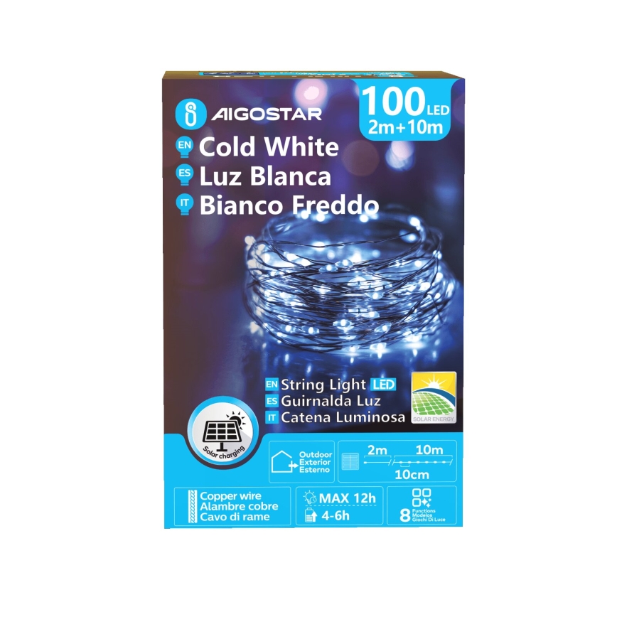 Aigostar - LED-snoer op zonne-energie 100×LED / 8 functies, 12 m, IP65, 800 mAh, koud wit
