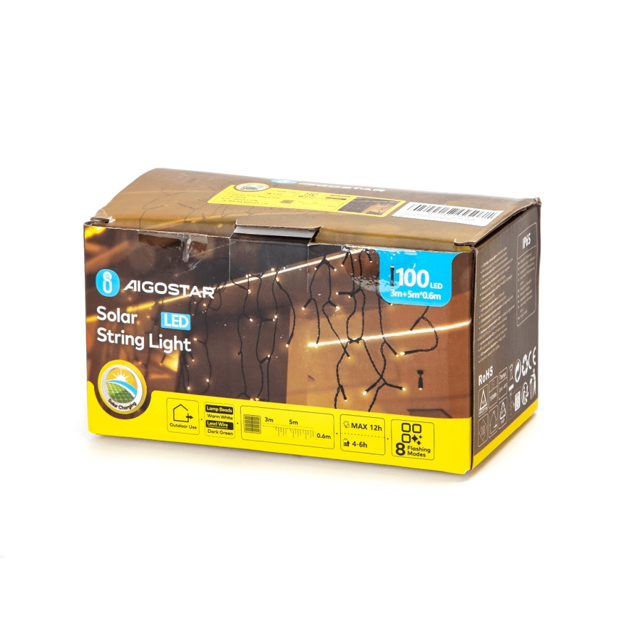 Aigostar - LED-zonnesnoer 100xLED/8 functies 8x0,6m 800 mAh IP65 warm wit