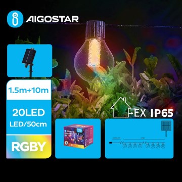 Aigostar - LED zonne-lichtsnoer, 20 LEDs, 8 lichtfuncties, 11,5 m, IP65, meerkleurig