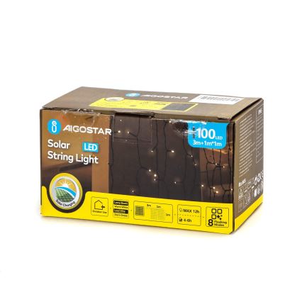 Aigostar - LED-zonneslinger 100 LED / 8 lichtstanden, 4×1 m, IP65, warm wit, 800 mAh