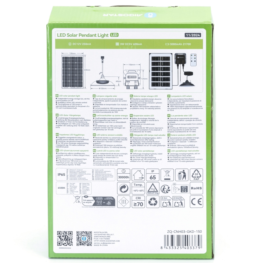 Aigostar - LED-zonnekroonluchter LED/35W/12V 3000 mAh 6500K IP65 Ø 15 cm + afstandsbediening