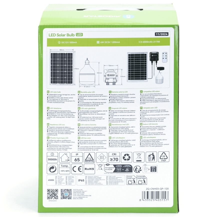 Aigostar - LED zonnehanglamp LED/70W/12V 6000 mAh 6500K IP65 Ø 12 cm + afstandsbediening