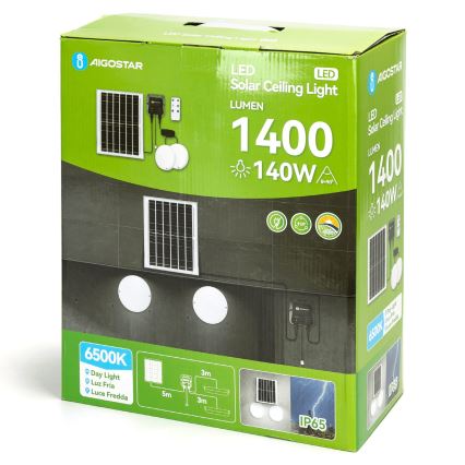 Aigostar - LED-zonneverlichting 2xLED/70W/12V 12000 mAh 6500K IP65 Ø 20,5 cm + afstandsbediening