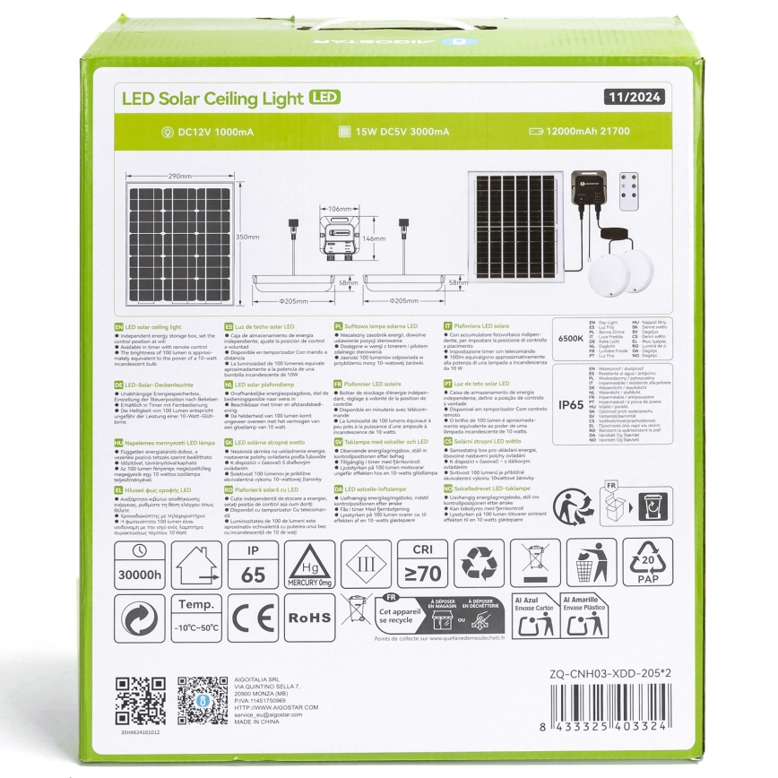 Aigostar - LED-zonneverlichting 2xLED/70W/12V 12000 mAh 6500K IP65 Ø 20,5 cm + afstandsbediening