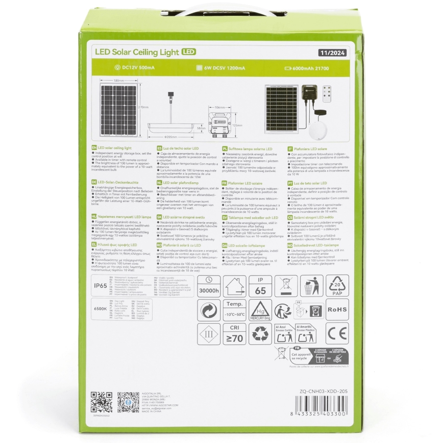 Aigostar - LED-zonneverlichting LED/70W/12V 6000 mAh 6500K IP65 Ø 20,5 cm + afstandsbediening