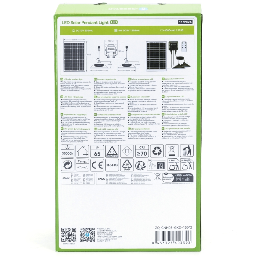 Aigostar - LED zonne-hanglamp met sensor 2xLED/35W/12V 6000 mAh 6500K IP65 Ø 15 cm + afstandsbediening