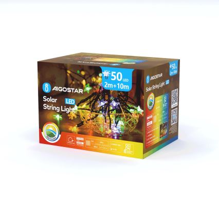 Aigostar - LED-lichtsnoer op zonne-energie 50x LED / 8 lichtfuncties 800 mAh 12 m IP65 meerkleurig