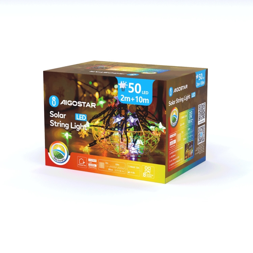 Aigostar - LED-lichtsnoer op zonne-energie 50x LED / 8 lichtfuncties 800 mAh 12 m IP65 meerkleurig