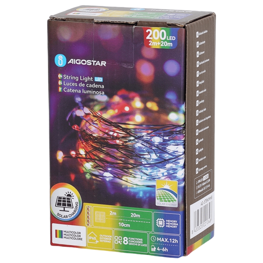 Aigostar - LED-snoer op zonne-energie 200×LED / 8 functies, 22 m, IP65, meerkleurig, 800 mAh