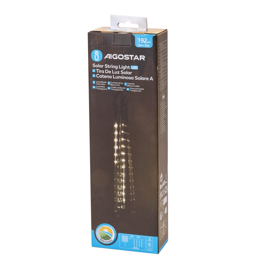 Aigostar - LED zonne-lichtsnoer 192xLED/8m IP65 1200 mAh koud wit