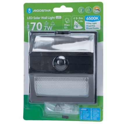 Aigostar - LED zonnepanelenlamp met sensor LED/3,7V 6500K 500 mAh IP65 zwart