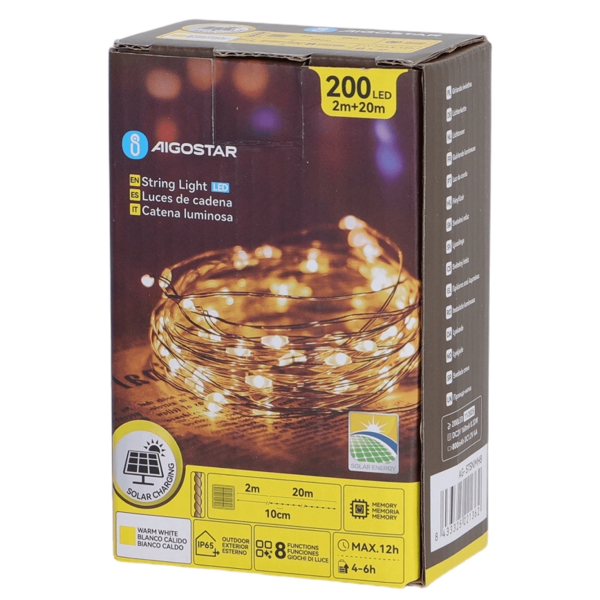 Aigostar - LED-zonnesnoer 200 LEDs, 8 functies, 22 m, IP65, warm wit, 800 mAh