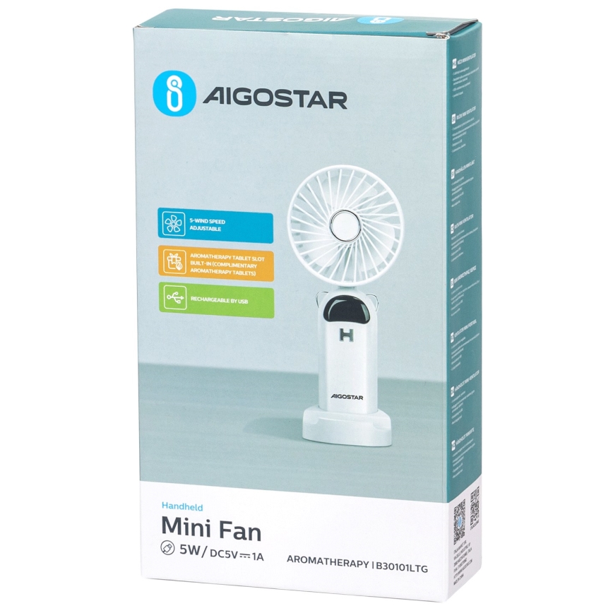 Aigostar - Oplaadbaar handheld fan 4W/5V 1200mAh wit