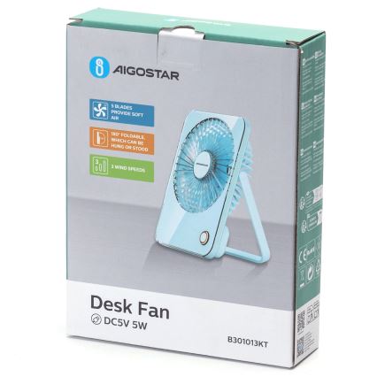 Aigostar - Oplaadbare tafel ventilator 5W/5V 3600mAh USB blauw