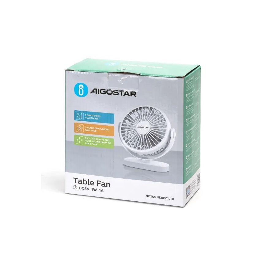 Aigostar - Oplaadbare tafelventilator 4W/5V 1500mAh wit
