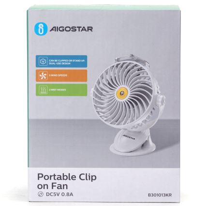 Aigostar - Oplaadbare tafelventilator met clip 2W/5V 2400mAh USB wit
