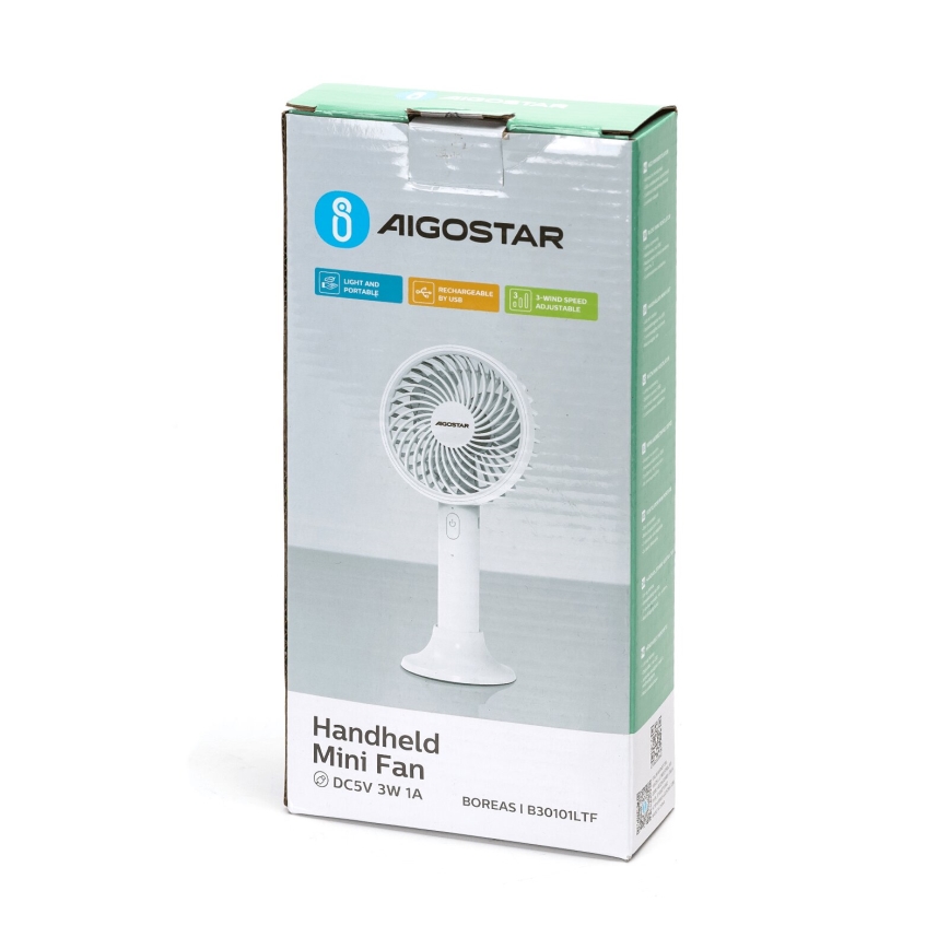 Aigostar - Oplaadbare zakventilator 3W/5V 1500mAh USB wit