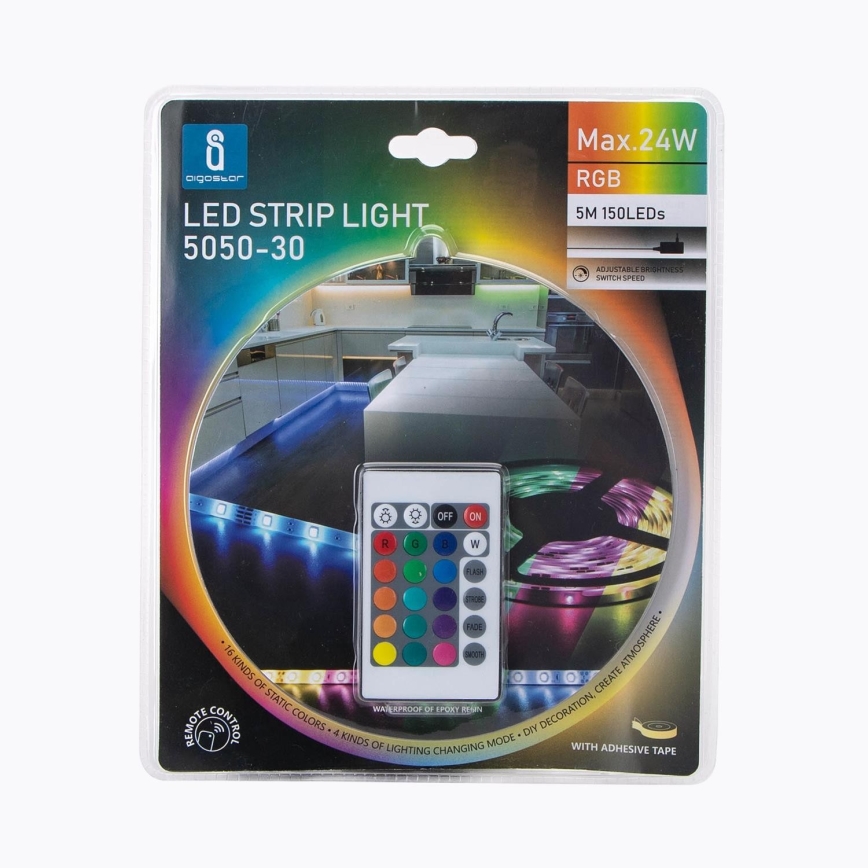 Aigostar - RGB Dimbaar LED Strip 5m, 24W, 12/230V, IP65 + Remote Control