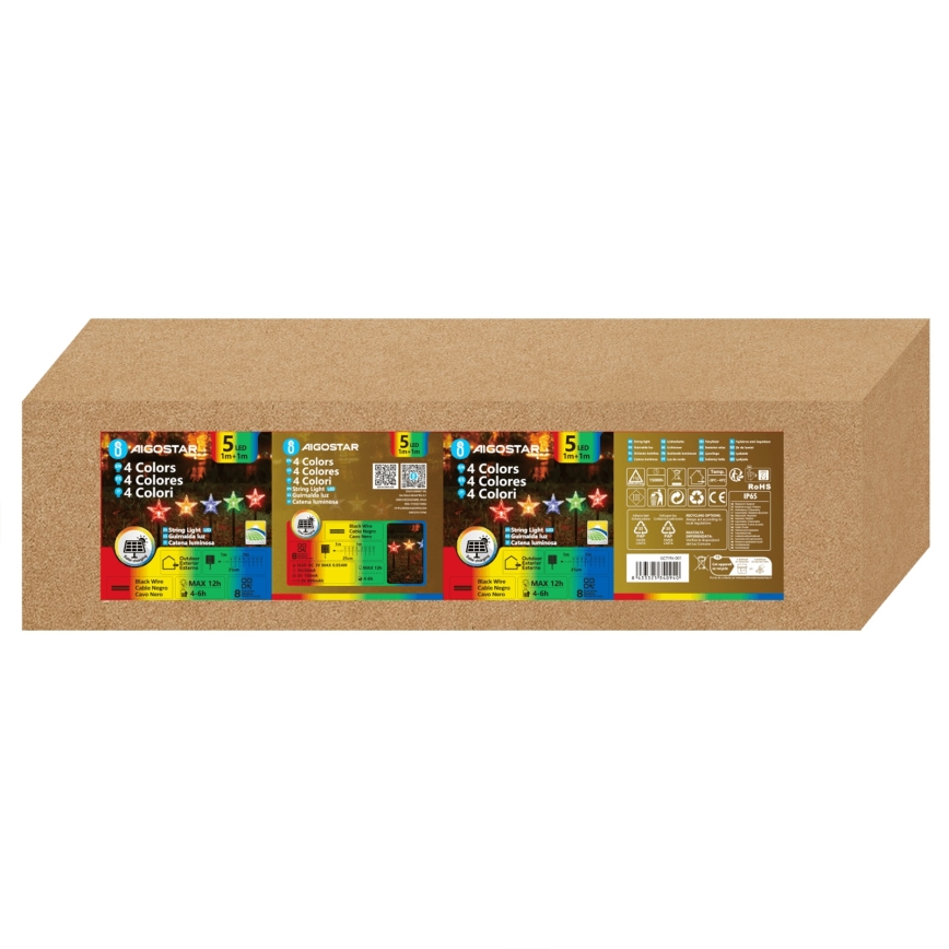 Aigostar - LED RGBY Solar Kerstmis Ster Lights 5x LED / 1.2V / 8 modi 1 m IP65 800 mAh