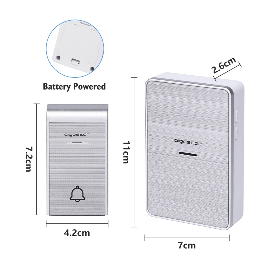 Aigostar - SET 2x Draadloze deurbel 3xAA/12V IP44 zilver