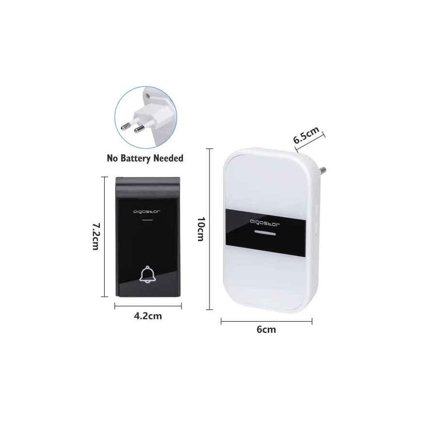 Aigostar - SET 2x Draadloze deurbel met stekker 230V/12V IP44 wit/zwart