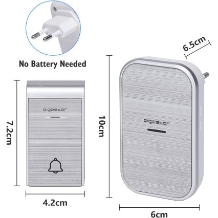 Aigostar - SET 2x Draadloze Stopcontact Deurbel 230V IP44 zilver