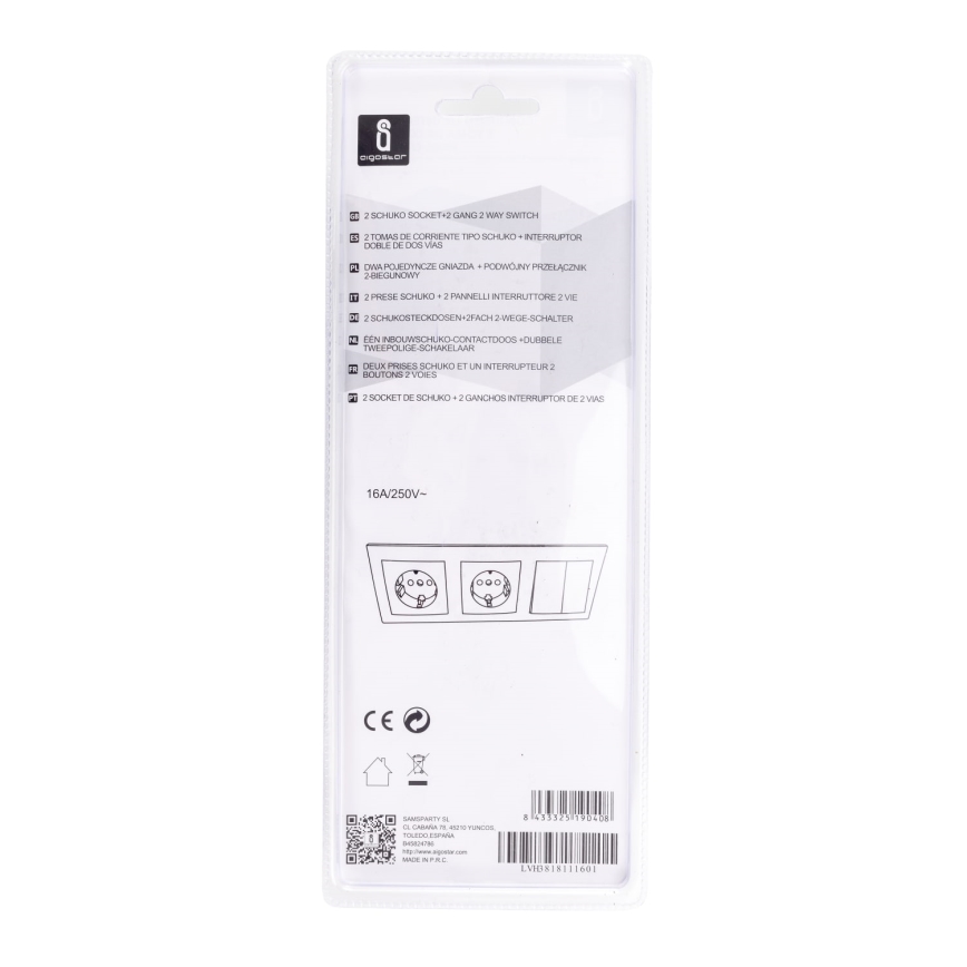 Aigostar - SET 2x Stopcontact met schakelaar 2x16A/250V