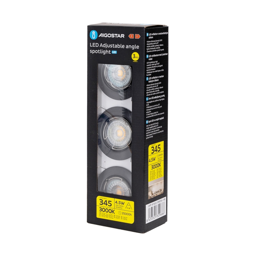 Aigostar - set van 3 LED-inbouwspots 1xGU10/4,5W/230V 3000K zwart