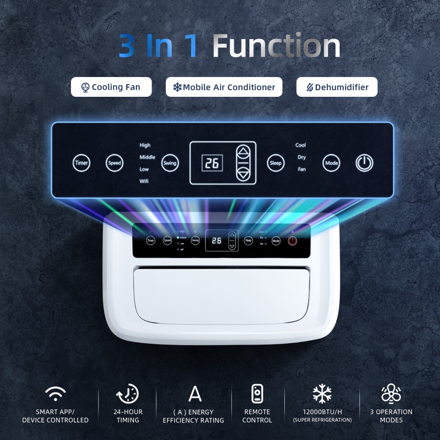 Aigostar - Slimme mobiele airconditioner 1337W/230V 12000 BTU Wi-Fi wit + afstandsbediening
