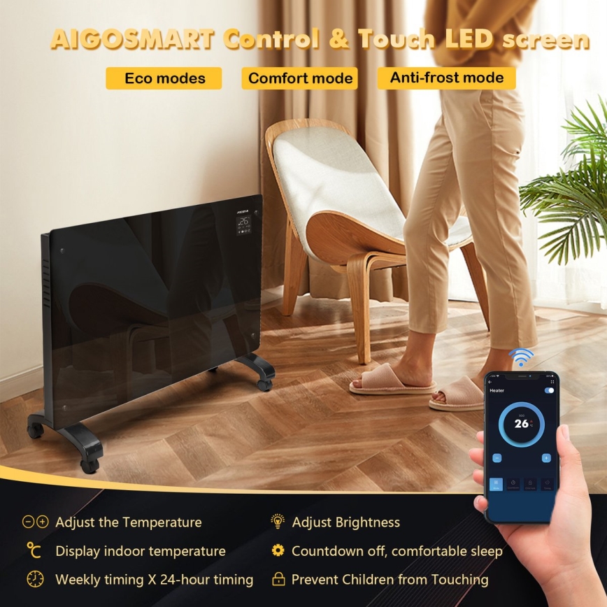 Aigostar - Slimme elektrische verwarming/convector met LCD scherm ECO/1000/2000W Wi-Fi