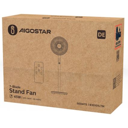 Aigostar - Staande ventilator 45W/230V wit + afstandsbediening