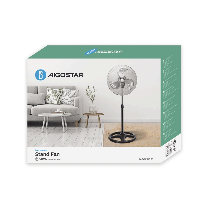 Aigostar - Staande ventilator 55W/230V glanzend chroom/zwart