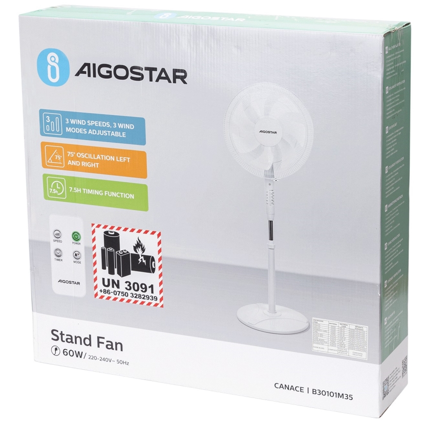 Aigostar - Staande ventilator 60W/230V wit + afstandsbediening