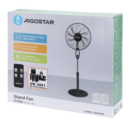 Aigostar - Staande ventilator 60W/230V zwart + afstandsbediening