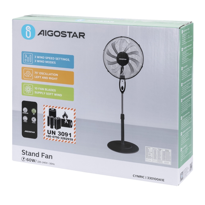 Aigostar - Staande ventilator 60W/230V zwart + afstandsbediening