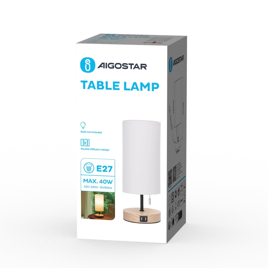 Aigostar - Tafellamp met USB-poort 1xE27/40W/230V beige