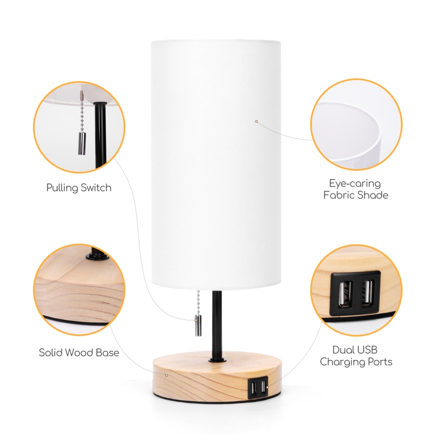 Aigostar - Tafellamp met USB-poort 1xE27/40W/230V zwart/crème