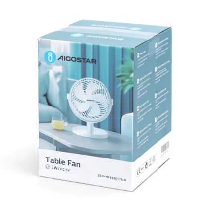 Aigostar - Tafelventilator 3W/5V wit