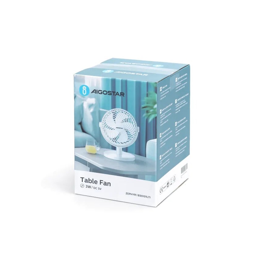 Aigostar - Tafelventilator 3W/5V wit