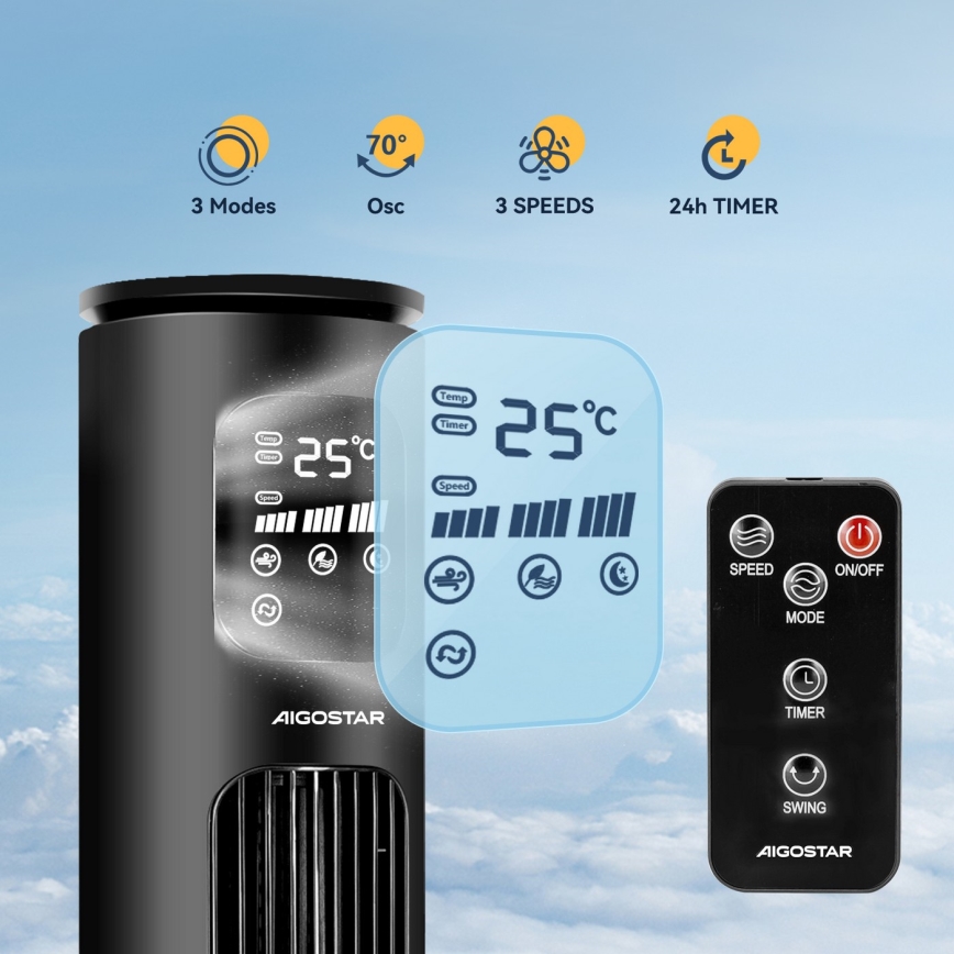 Aigostar - Toren ventilator 50W/230V zwart Wi-Fi + afstandsbediening