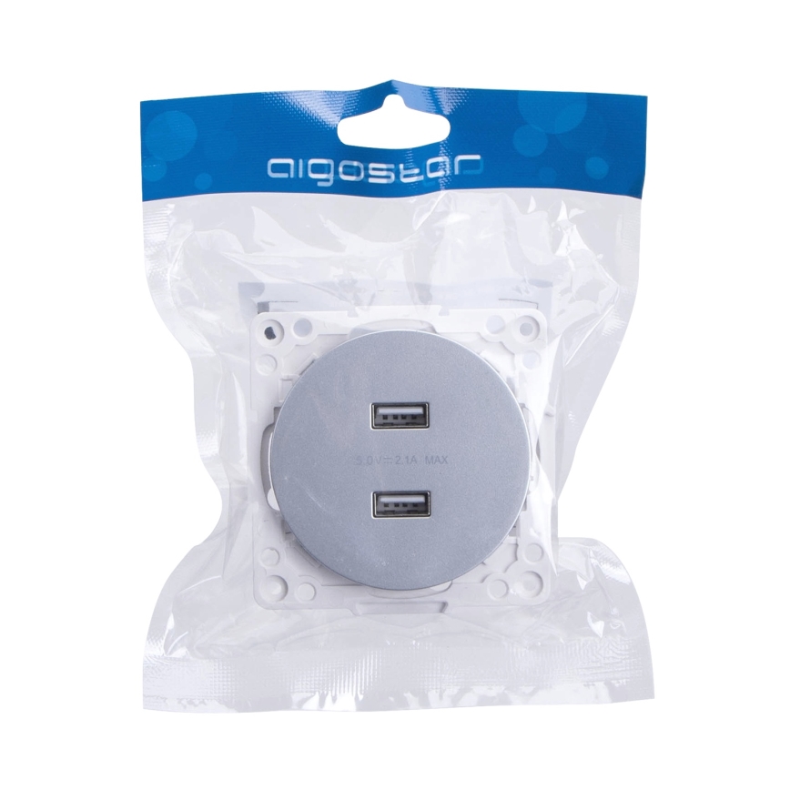 Aigostar - USB-voedingsstopcontact zonder frame, 2x USB-A, zilver