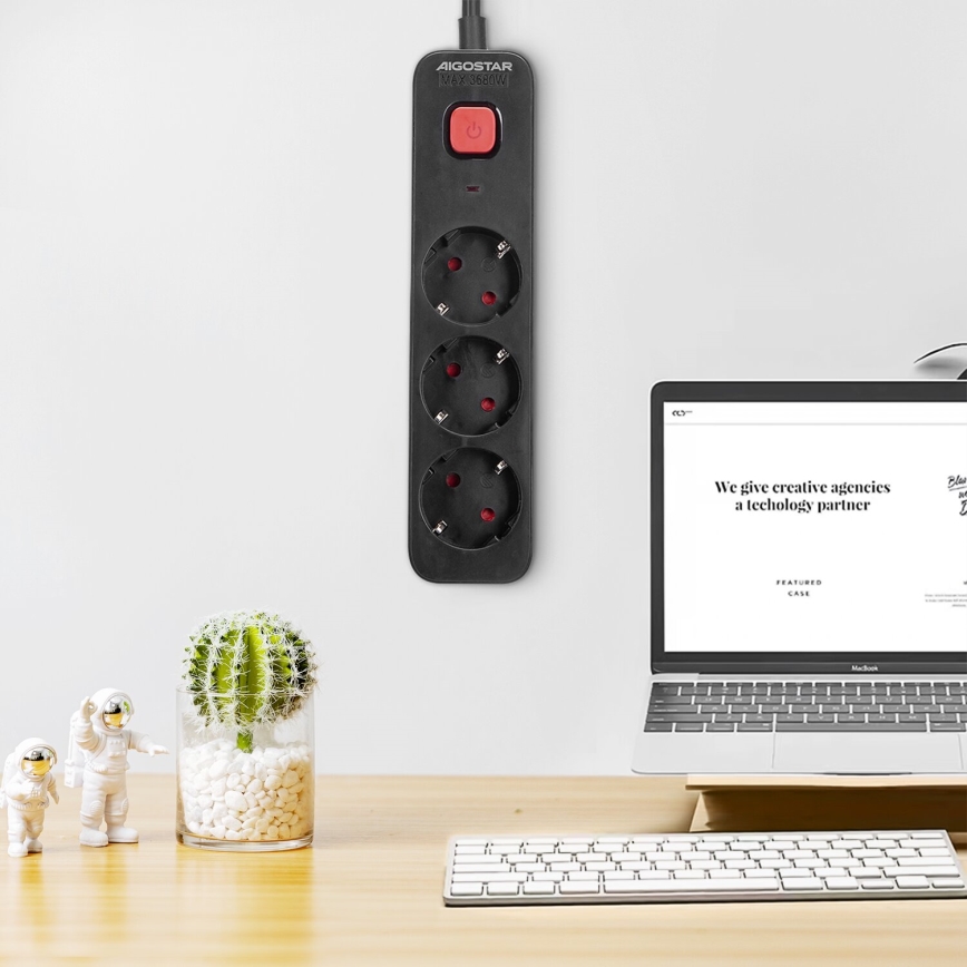 Aigostar - Verlengsnoer met schakelaar 3Z Type F 1,5m zwart