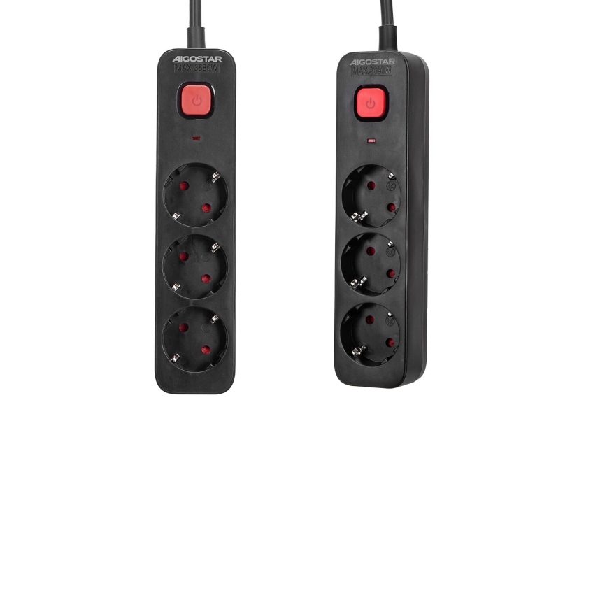 Aigostar - Verlengsnoer met schakelaar 3Z Type F 1,5m zwart