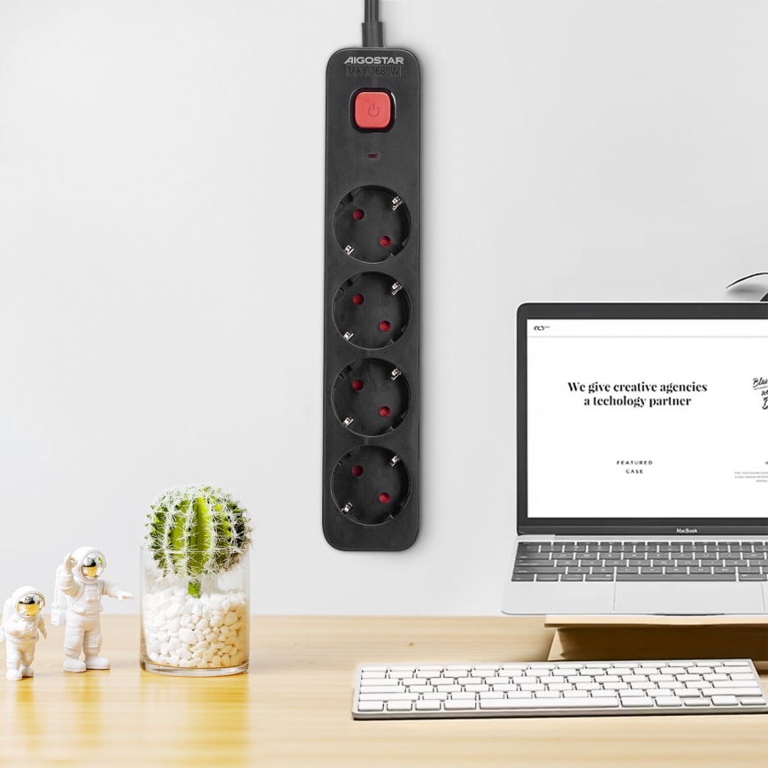 Aigostar - Verlengsnoer met schakelaar 4Z Type F 1,5m zwart