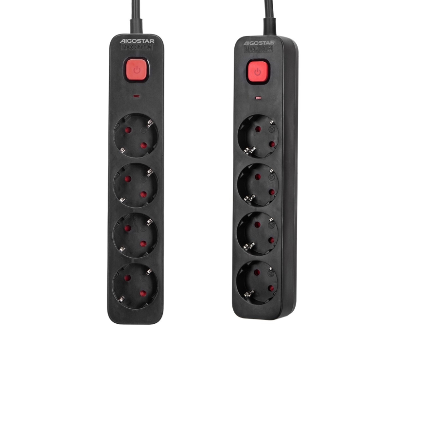 Aigostar - Verlengsnoer met schakelaar 4Z Type F 1,5m zwart