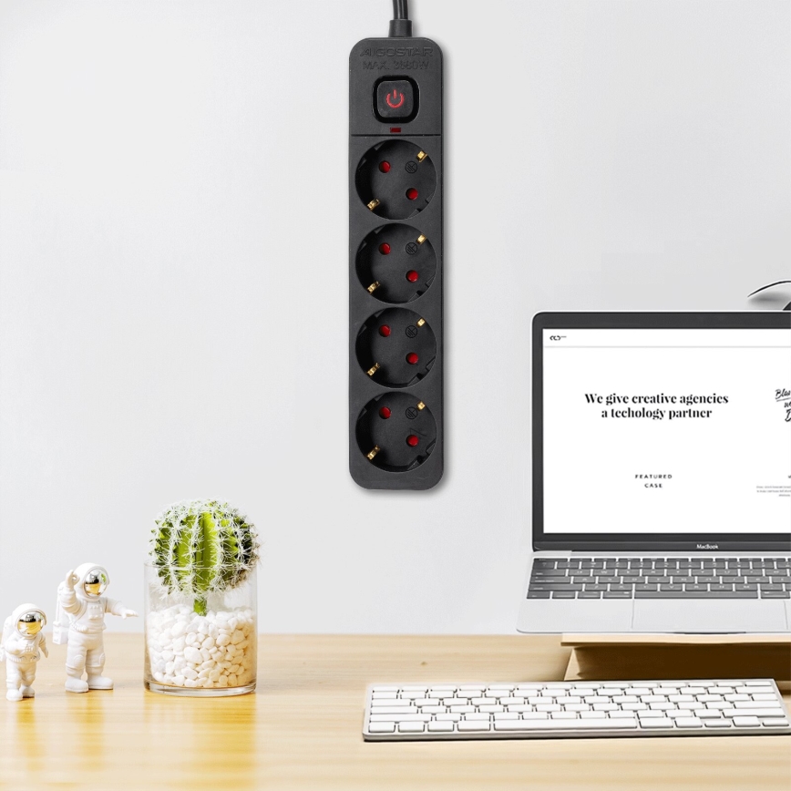 Aigostar - Verlengsnoer met schakelaar 4Z Type F 3m zwart