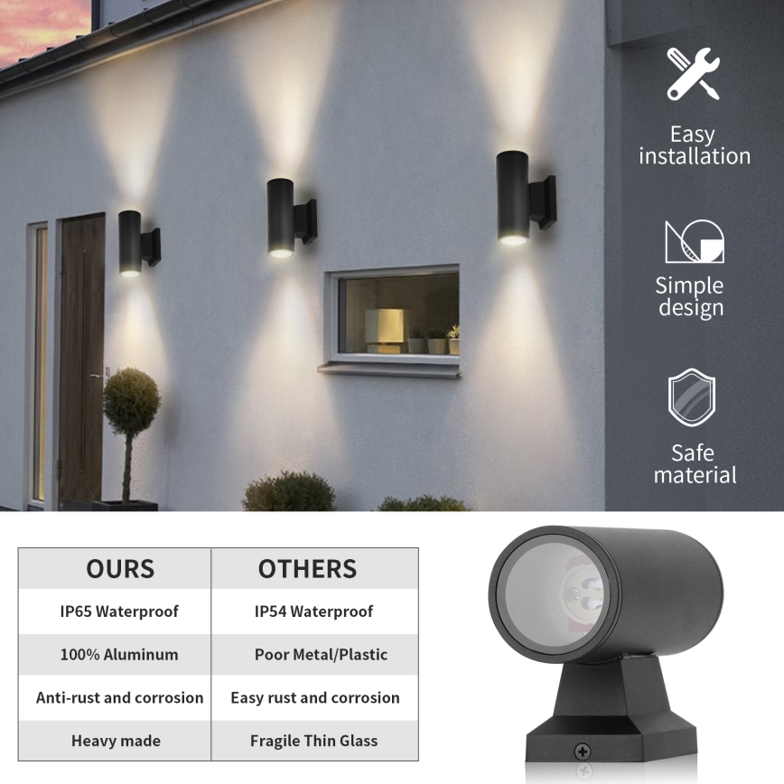 Aigostar - Wandlamp voor buiten 2xGU10/230V zwart IP65 rond