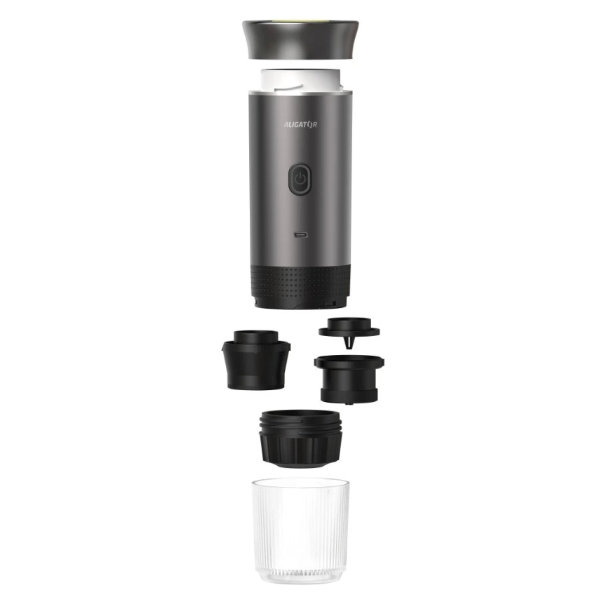 Aligator ACM002 - Draagbare oplaadbare PortaCaffé 3-in-1 koffiemachine 72W/7500 mAh grijs