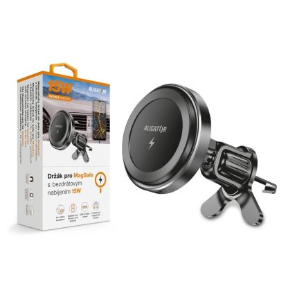 Aligator AMS05BK - Magnetische autohouder voor telefoon met draadloos Qi-opladen tot 15W en MagSafe, zwart