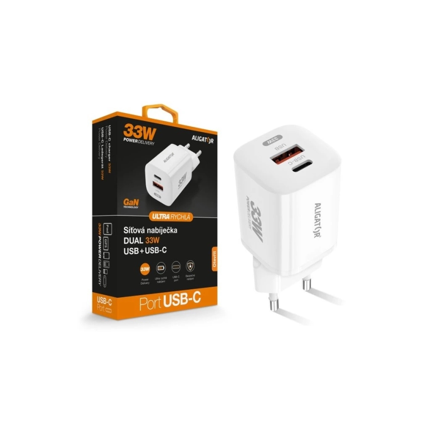 Aligator CHPD0020 - GaN snellaadadapter Power Delivery 33W USB-A + USB-C wit